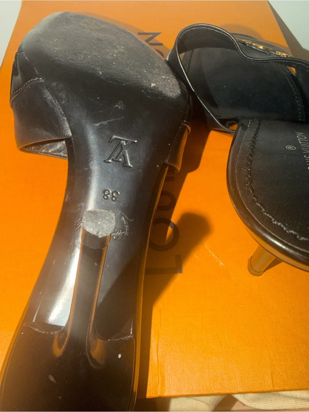 Louis Vuitton Black Leather Mule Sandals with Gold Logo Accents